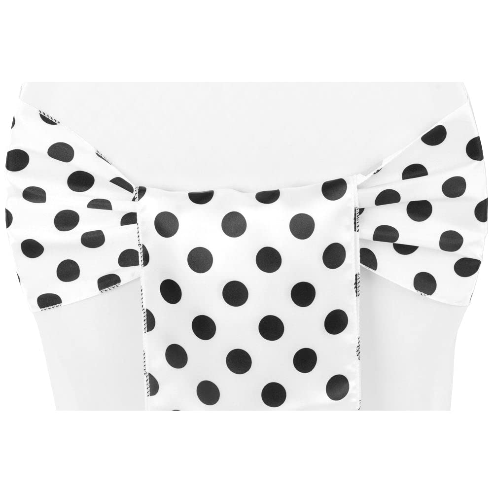 10 Pk, Polka Dot Satin Chair Sash Approx. 7”W x108”L Edge: Serged - Black & White
