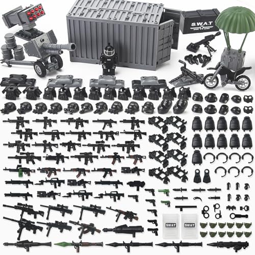 Feleph SWAT-Team Waffen-Set mit Frachtcontainer Armeeausrüstung Helm & Rüstung 325 Teile Militärisches Zubehör-Bausteine-Spielzeug kompatibel mit Polizei- und Soldaten-Figuren (Schwarz).