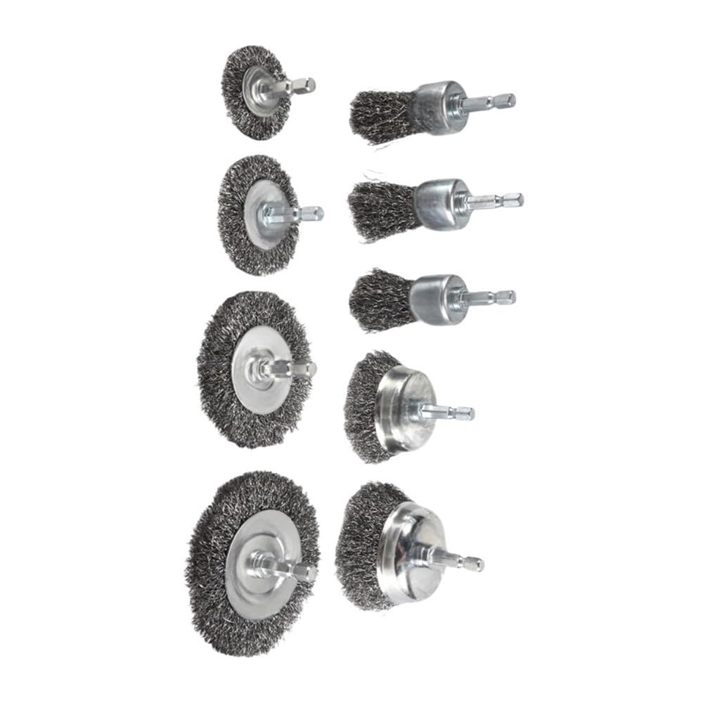 Brocha de alambre para taladro sistema de cepillo del alambre acero carbono 9pcs con la caña hex. for limpiar tamaños múltiples pintura
