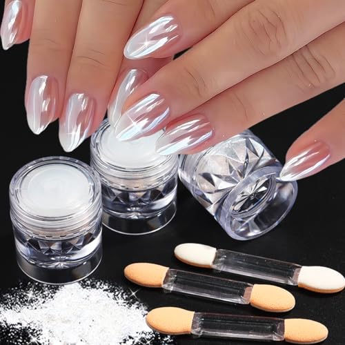 3Pcs Moonlight White Pearl Chrome Nail Powder Super Glossy Clear Mirror Effect Holographic Pearl Nail Glitter Powder Neon Ice Aurora Shimmer Sugar Pigment Dust for Nails Art Design