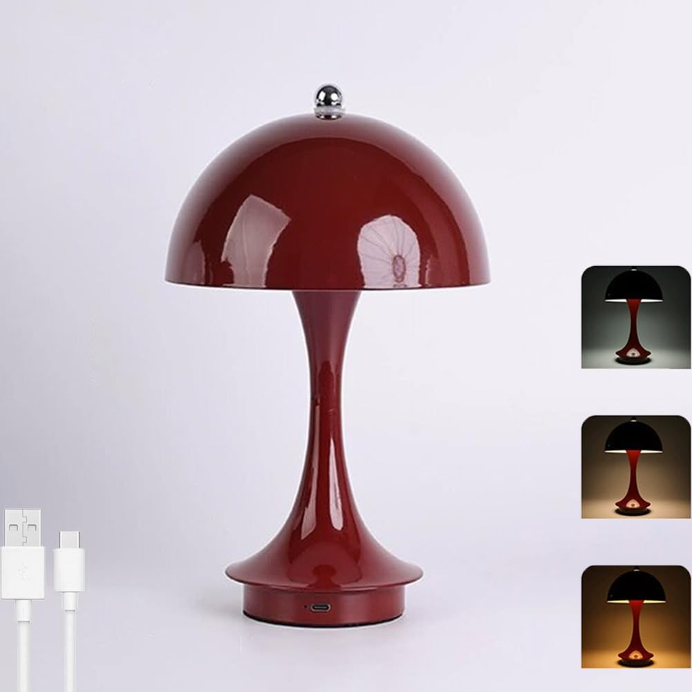 Pilzlampe LED Akku Tischlampe Kabellos USB Aufladbar Tischleuchte Batterie Dimmbar mit Touch Control Pilz Lampe Innen und Außen Tragbare Kinderzimmerlampe Batterie Schreibtischlampe,Red b