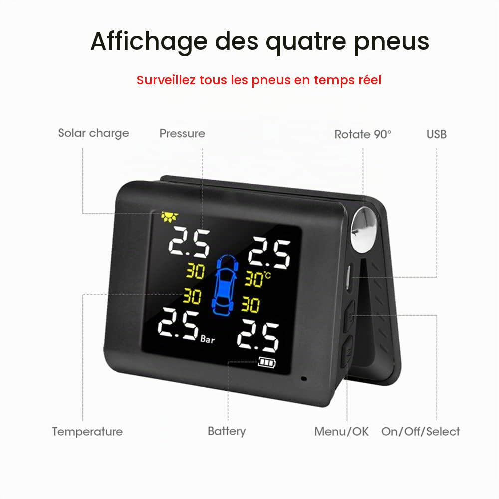 Système de surveillance de la pression des pneus de voiture, connexion sans fil Riloer TPMS, avec 4 capteurs externes, grand écran LCD, alimentation solaire et port USB