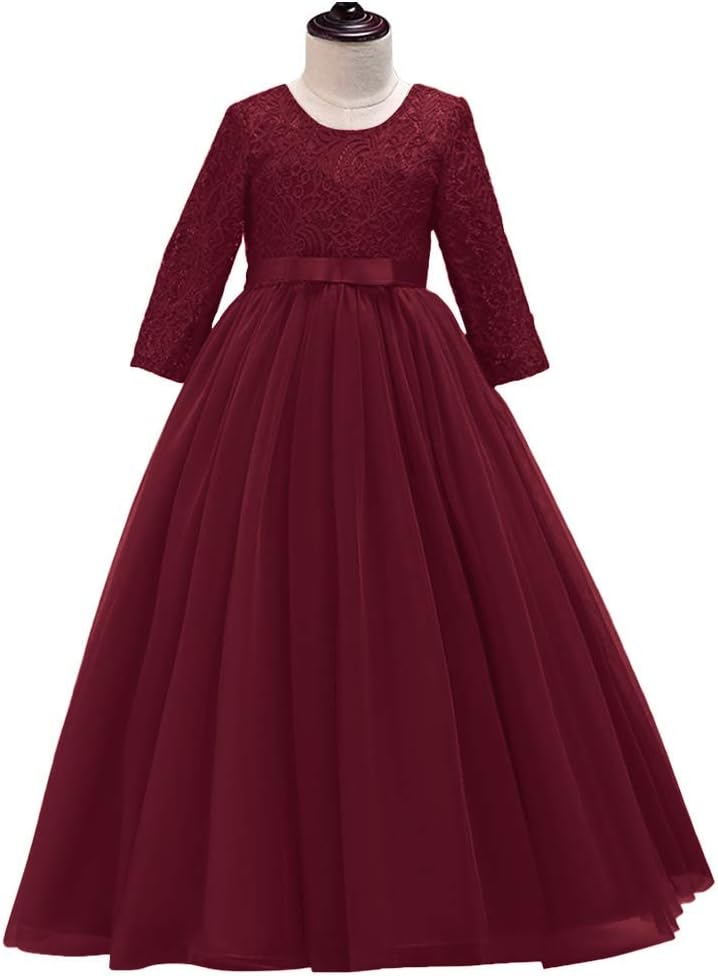 Flower Girls 3/4 Sleeve Deep V-Back Tulle Vintage Lace Wedding Party Long Dress Princess Communion Pageant Maxi Gown - Image 5