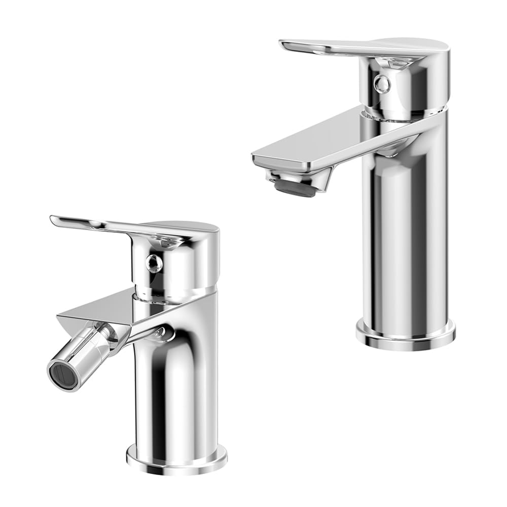 Set Rubinetti Lavabo E Bidet Con Piletta Inclusa – Miscelatori Monocomando In Ottone Cromato Lucido – Design Moderno Linea Aurora