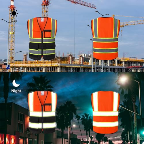 HATAUNKI Reflective Safety Vest for Men Women Hi Vis Vest with 8 Pockets High Visibility Mesh Reflective Vest Meets ANSI/ISEA Standards (Orange-Black-07, L) by HATAUNKI - Used condition - Image 4
