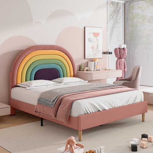 LULUWA Letto imbottito con testiera arcobaleno regolabile in altezza, in velluto, supporto per doghe in legno, facile da montare con rete a doghe per adulti e ragazzi (rosa e 140 x 200 cm)