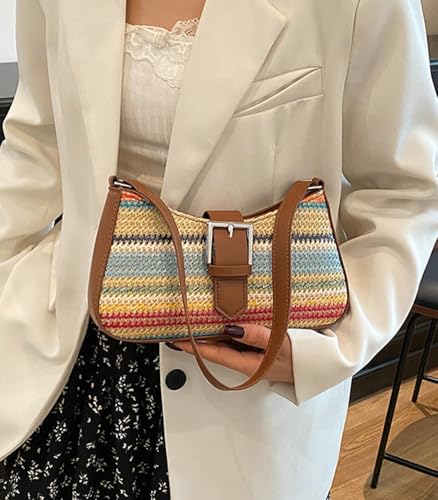 Straw Beach Shoulder Bags for Women Y2K Crescent Handbag Small Clutch Tote Purse Summer Underarm Vacation Straw Purse3