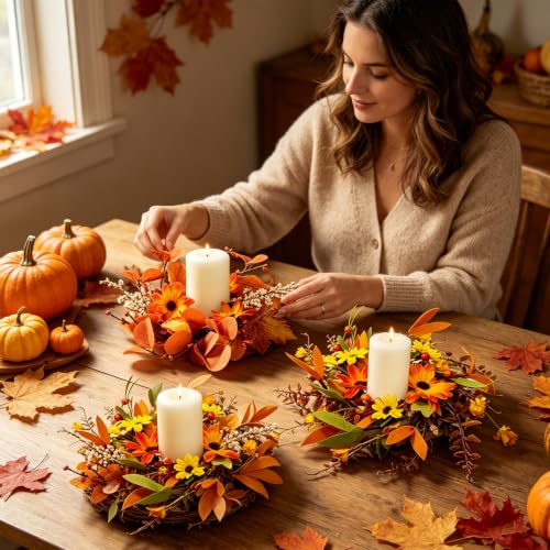 Image of 6 PCS 3 Inch Fall Floral Candle Rings Wreath Thanksgiving Candle Holder Rings Mini Artificial Autumn Wreath with Pumpkins Daisy for Table Centerpieces Farmhouse Fireplace Cabinets Wall Window Decors