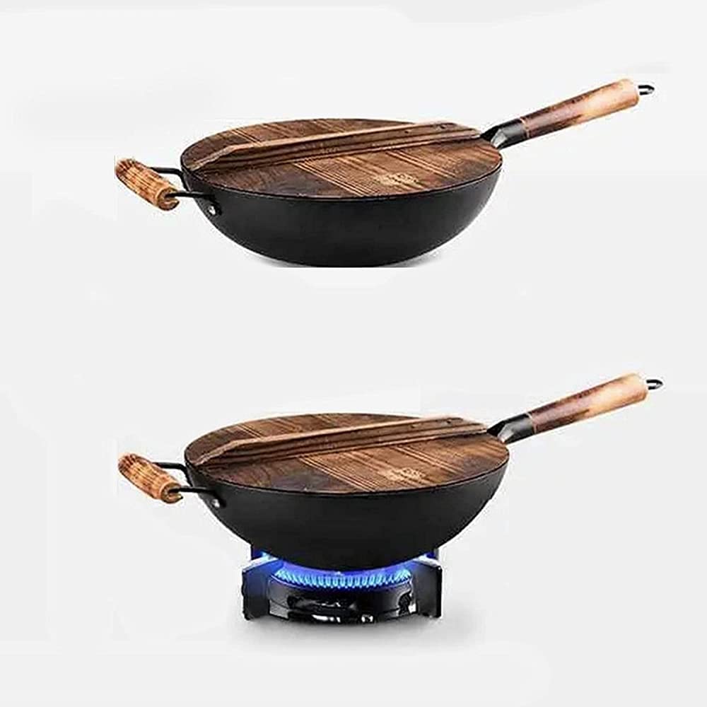 Patelnia wok ze stali węglowej, ręcznie młotkowany wok z drewnianym uchwytem, patelnia z pokrywką, tradycyjny żeliwny wok do kuchenek indukcyjnych i gazowych