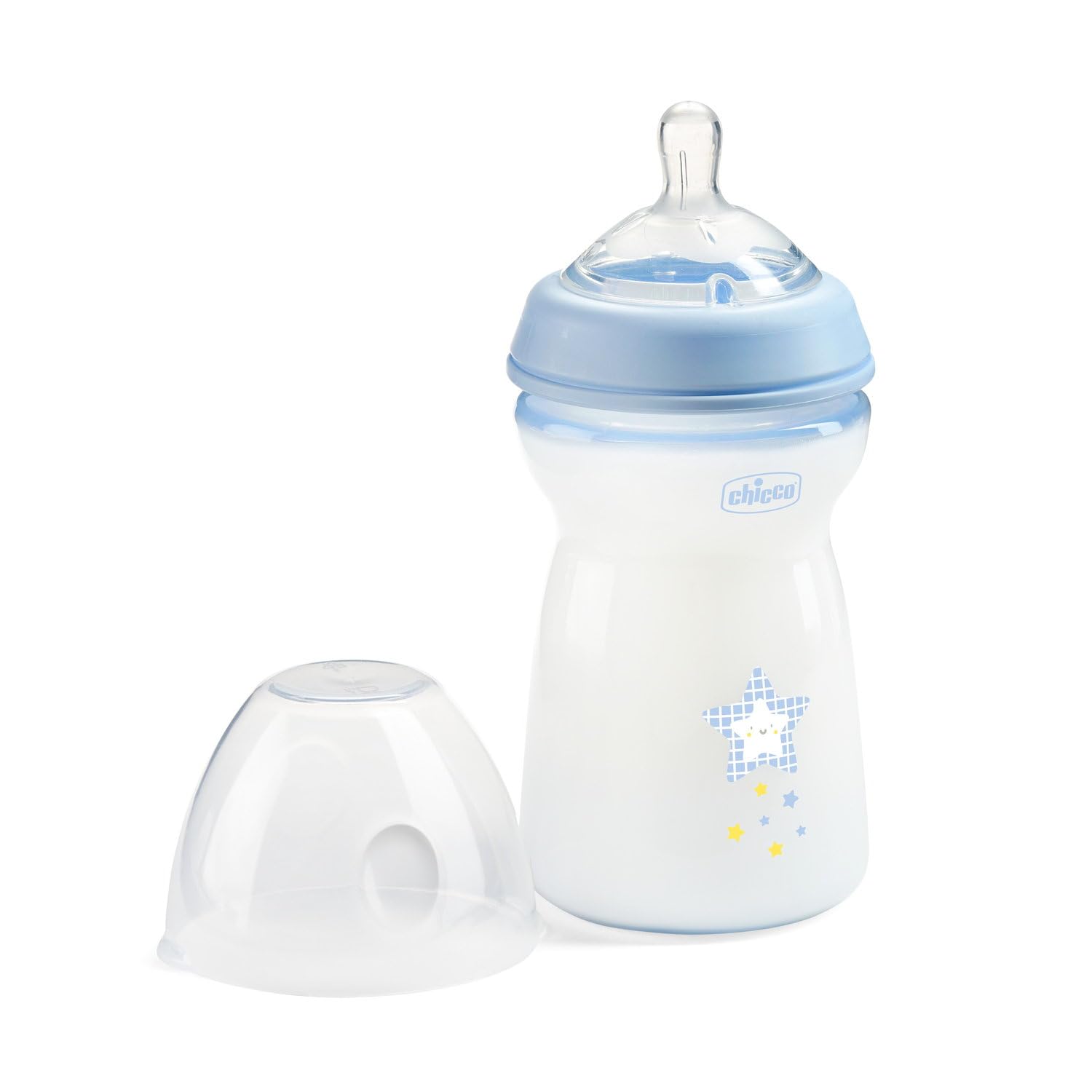 Chicco Biberón Anticolico Natural Feeling, Biberones Anticolicos Bebé 6 Meses+, Biberón Bebé 330 ml de Silicona, Flujo Rápido, Pack 2 Unidades, Azul y Neutro
