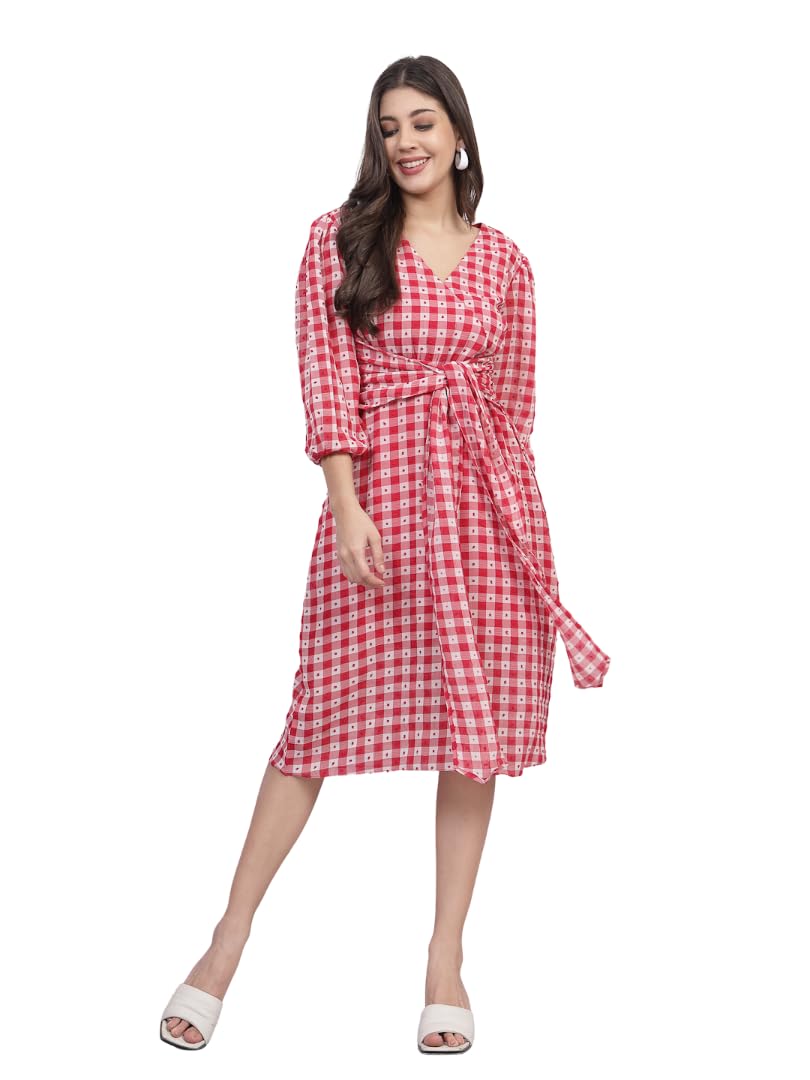 Athena Lifestyle Women and Girls Georgette Checked V-Neck Long Sleeves Party Dress Athena Lifestyle Women and Girls Georgette Checked V-Neck Long Sleeves Party Dress