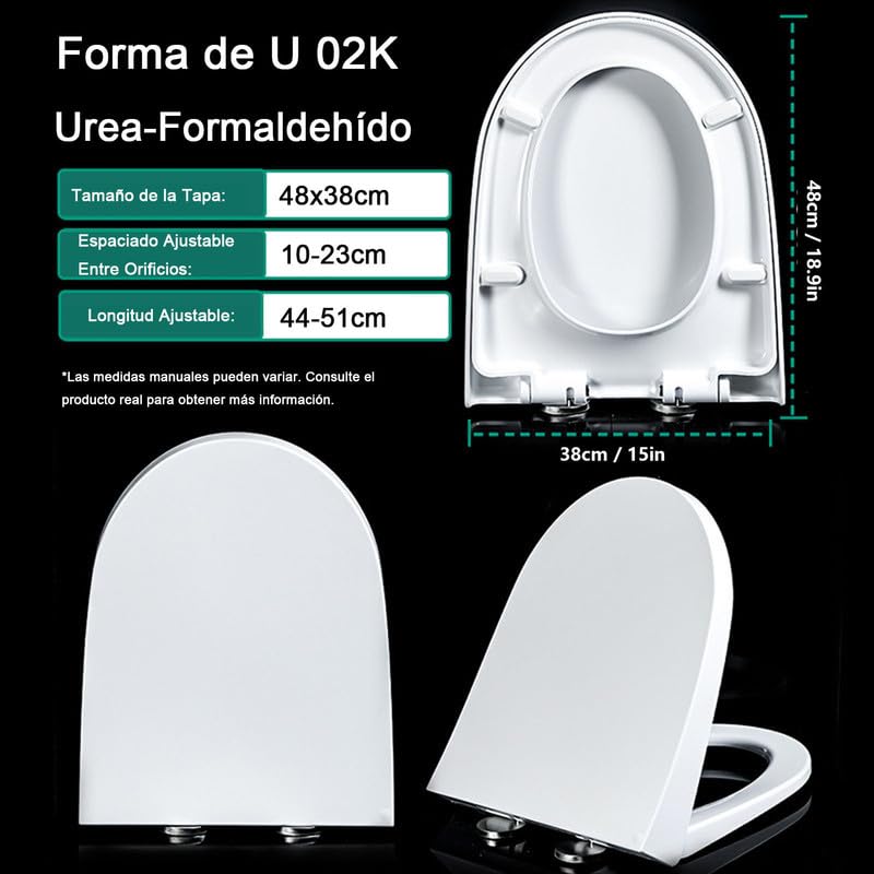 Asiento de Inodoro Universal con Cierre Suave y Bisagras Ajustables, Tapa WC en Forma de D/U con Liberación Rápida para una Fácil Limpieza, Tapa de Inodoro de UF, Blanco, 02K, 48x38cm
