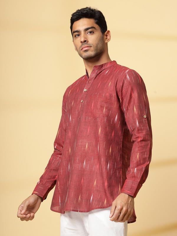 Image of Vastraa Fusion Men's Handloom Weaving Pure Cotton Short Kurta, Round Collar, Full Sleeves,Button Kurta, Ethnic Wear