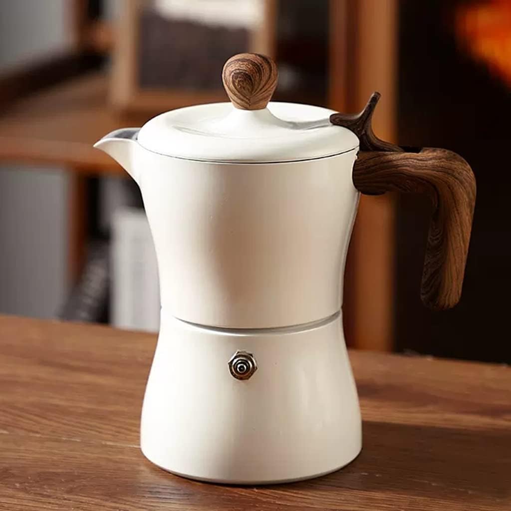 Estufa italiana para café expreso, cafetera de aluminio de 3 tazas, cafetera Moka con mango de madera (blanco)