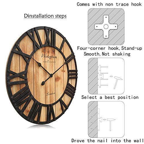 Westzytturm 24 Inch Farmhouse Wooden Clock Large Rustic Wood Wall Clock With Roman Numerals Antique Vintage Wall Clocks For Living Room Decor,Dining Room,Kitchen,Office,Mantel (Orange) #TOP3