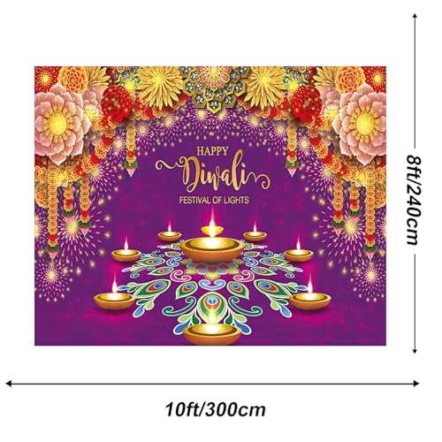 Image of 10x8ft Diwali Backdrop Fabric Purple Happy Diwali Festival of Lights Photography Background Extra Large Banner Room Decor