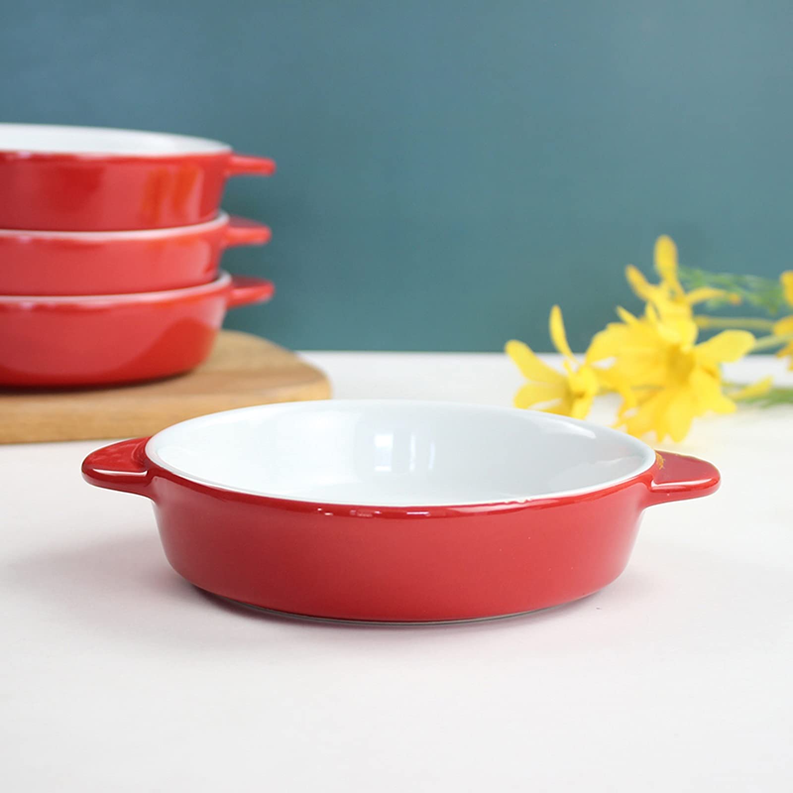 LUCBEI Auflaufform Set von 3 runden AU gratin Back-Teller, Lasagna-Pfanne, Porzellan-Backformen for Küche Lasagne Backpfannen mit Griffen, rot Auflaufformen