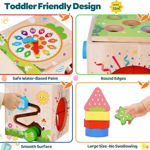 Image of KMTJT Wooden Activity Cube - Montessori Toys for 1 2 3 Year Old Toddlers