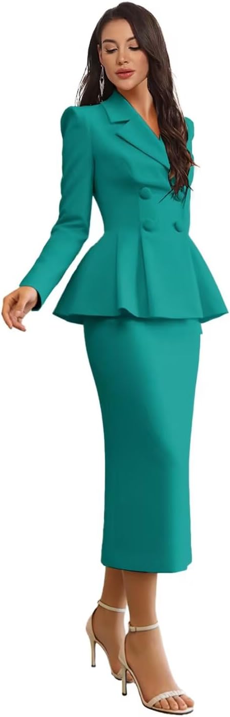 Double Breasted Skirt Suit 2 Piece Slit Business Dress Satin Long Sleeve V Neck Work Outfit CM9