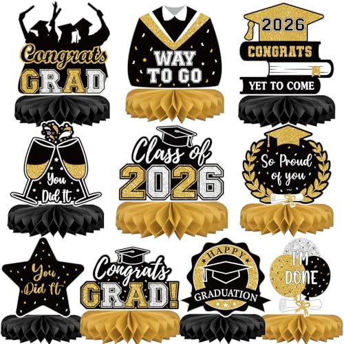 10Pcs Graduation Decorations 2026 Class of 2026 Congrats Grad Table Honeycomb Centerpieces Graduation Party Supplies for kindergarten K-12th College Any Grade Black