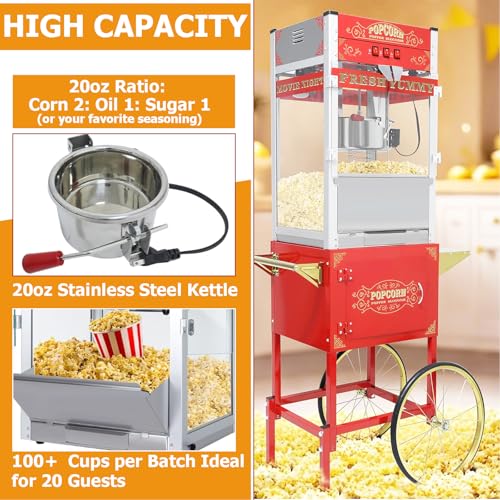 Image of Commercial Popcorn Machine with Cart & Wheels 丨 Popcorn Maker with 20OZ Stainless Steel Kettle丨 Pop corn Machine Maker for Home, Theater, Parties, Red