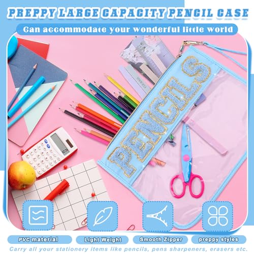 Image of Dansydaisy 4 Pcs Preppy Pencil Case Clear PVC Pouch Chenille Letter Patch Big Capacity Pencil Bag Aesthetic Storage Bag with Zipper for School Women Girl Office Travel Supplies