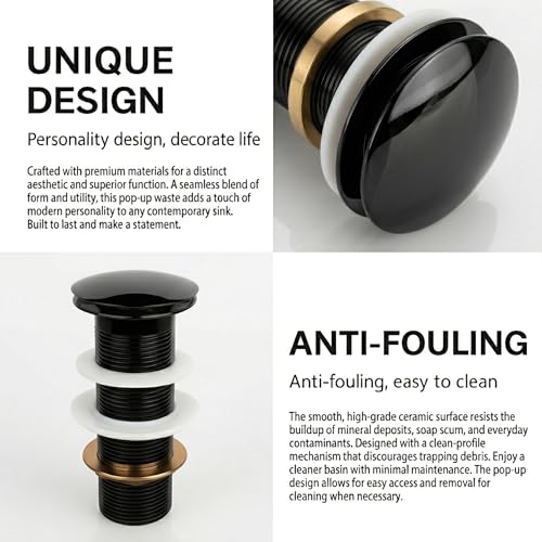 Image of BASSINO Premium 6 Inch Brass Waste Coupling /Washbasin Drainer /Rust-Proof Pop-Up for Basin /Drain Stopper for Tabletop, Wall-Mount & Pedestal Wash Basins(Glossy Black)