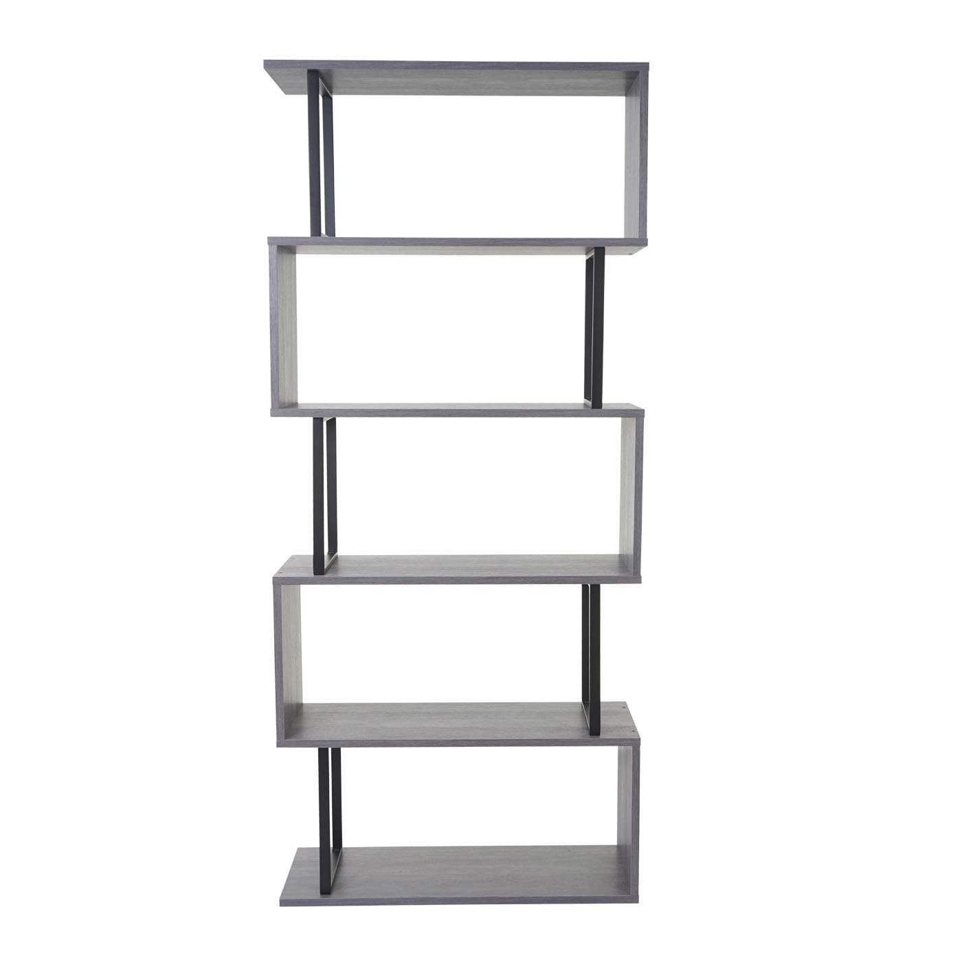 Libreria scaffale 3D MDF HWC-A27 5 Ripiani 30x80x183cm Legno Metallo Grigio