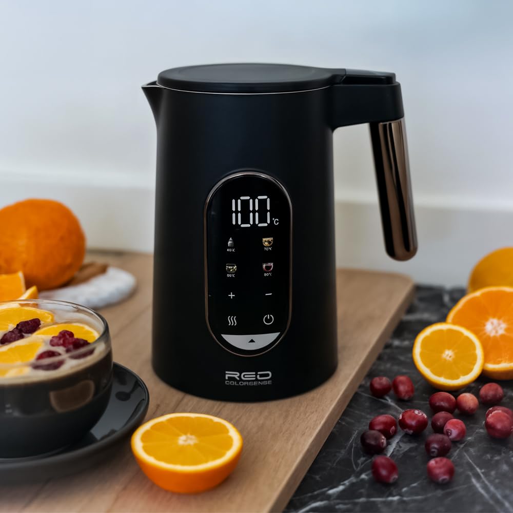 Edelstahl Wasserkocher 1,7L mit Temperatureinstellung (40-100°C) | 2000W Teekocher RED Colorsense A11E | Doppelwand Design | 2h Warmhaltefunktion & 5 Programme | BPA-frei | Kabellos LED| Display