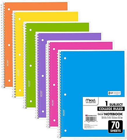 Mead Spiral Notebooks, 6 Pack, 1-Subject, College Ruled Paper, 10-1/2" x 8”, 70 Sheets per Notebook, Assorted Colors (73065)…