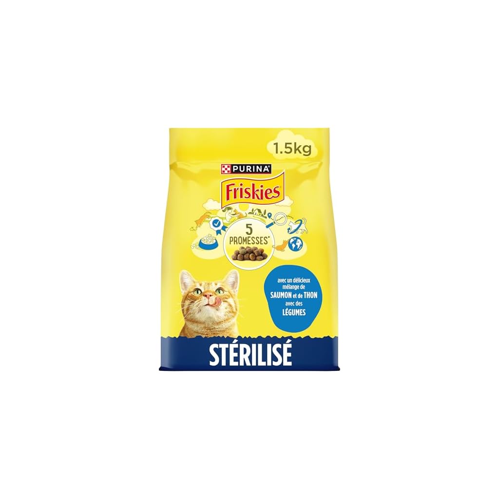 FRISKIES | Chat | Croquettes complètes pour Chats Adultes stérilisés | Au Saumon et aux Légumes | Aliment Complet pour Les Chats stérilisés | Sac | 1,5 KG