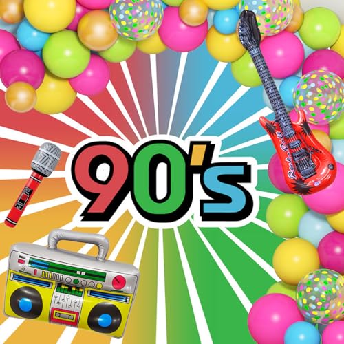 Amandir 90s 80s Theme Party Decorations, 90Pcs Balloon Arch Kit 6PCS Inflatable Retro Disco Ball Microphone Rainbow Roller Skate Boom Box Guitar Balloon for Back to 90s 80s Hip Hop Birthday Supplies - Image 4