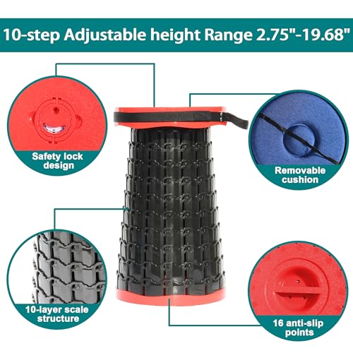 Image of ALEVMOOM Upgraded XXL 50 Portable Collapsible Stool with Cushion,Telescoping Folding Stool for Adults,Yet More Sturdy Camping Stool with Load Capacity 1000lbs,for Outdoor Garden Hiking BBQ Red
