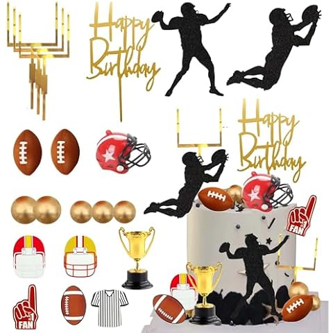 Football Cake Topper, Qoadwem 20PCS Football Players Cake Toppers Rugby Ball Happy Birthday Sports Theme Party Cake Decorations For Football Themed Birthday Party Party Supplies Cover
