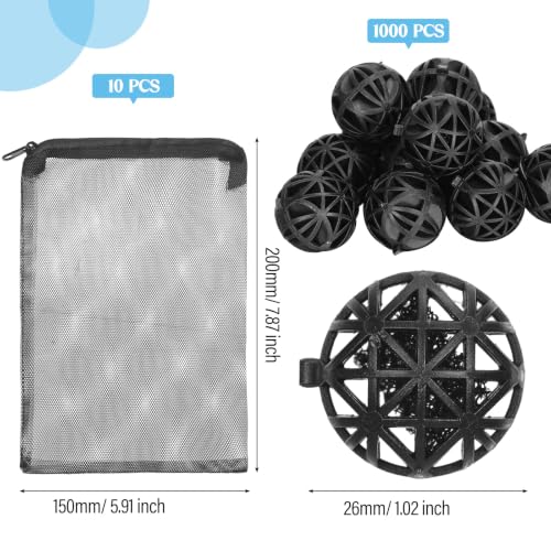 Image of CHENGU 1000 Pcs Bio Filter Balls Black Bio Balls for Aquarium Filter Filters | 1.02 Inch Internal Pond Bioballs Filters Media with 10 Pieces Aquarium Media Bags Mesh Bags with Zipper for Fish Tank Pond