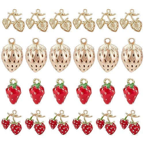 BENECREAT 8Pcs 4 Styles Real 18K Gold Plated Strawberry Brass Charms