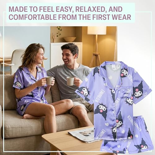 Image of Get Trend Hello Kitty | Kuromi | Pusheen Women's Pajama Sets, 2 Piece Button Up Shirt & PJ Shorts, Soft Kawaii Lounge Sets