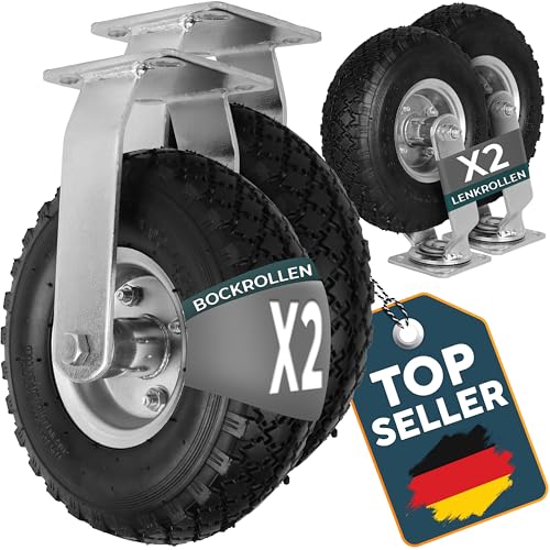 FROSAL Lenk- und Bockrollen Set – 2 Lenkrollen + 2 Bockrollen – Luftreifen 260 mm 3.00-4 Ø ca. 260×85 mm – Stahlfelge silber Ø120 mm – Grundplatte 114,5×99,5 mm – Tragkraft 120 kg – für Bollerwagen