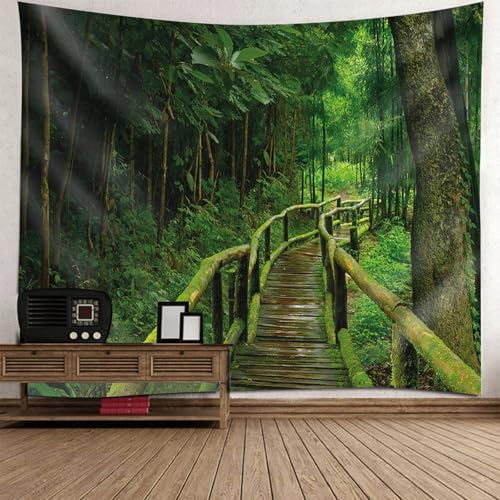 Tapisserie paysage forêt pont en bois 150x150 cm pour décoration murale de chambre