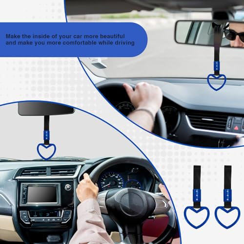 Image of 2PCS Heart Shaped Car Handle Straps, Rear Bumper Warning Keychain Ring for Car Exterior Accessories (Blue)