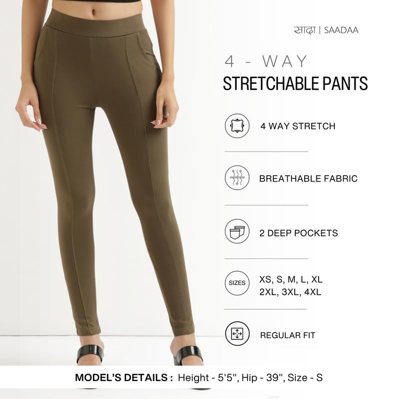 Image of SAADAA Women's Regular Fit High Rise 4-Way Stretchable Pants Yoga, Formal, and Regular Skinny High Waist Leggings 2 Deep Pockets Elastic Waistband Durable Interlock Stitching