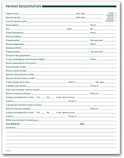 Dental Patient Registration Forms 1 Sided No Hole Punch 7 3/4 x 10