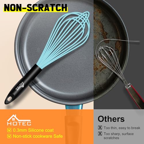 Image of HOTEC 4 Pieces Silicone Whisks Set, Wire Balloon Whisks for cooking Egg Beater, Non-slip Handle Whisk for Non-stick Cookware Perfect for Cooking, Stirring, Beating and Blending,Blue