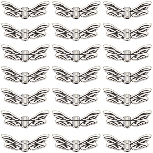 SUNNYCLUE 1 Box 120Pcs Dragonfly Wing Beads Bulk Silver Wing Bead Charm Alloy Metal Tibetan Vintage Fairy Wings Spacer Beads for jewellery Making Beads DIY Christmas Necklace Earrings Beginners Women
