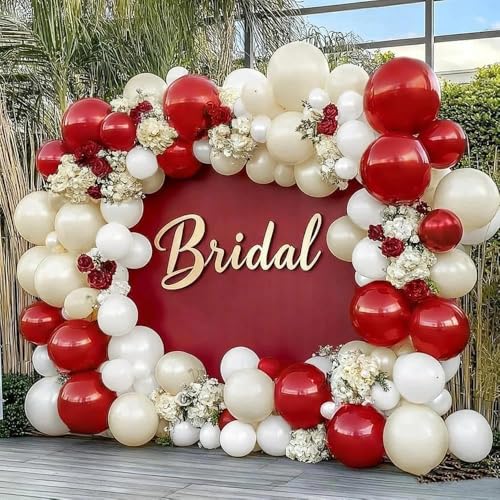 Image of Red White Balloon Garland Double Stuffed Dark Red Pearl White Balloon Arch Kit Burgundy Balloons for Birthday Wedding Bridal Shower Engagement Graduation Party Decor
