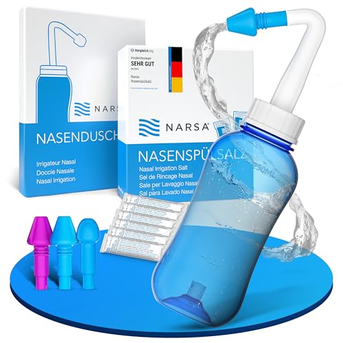 Nasendusche Set NARSA 30x Nasenspülsalz 3 Aufsätze für Erwachsene und Kinder Nasenspülkanne zur Nasenreinigung und Nasenspülung bei Erkältung und Allergie