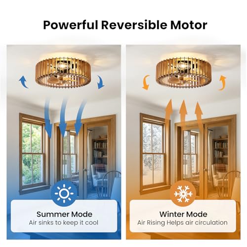 Image of 20 inch Farmhouse Wooden Caged Flush Mount Ceiling Fan with Lights, DC Motor, 6 Speeds Remote Control, Low Profile Bladeless Fandelier for Bedroom, Kitchen, Living Room