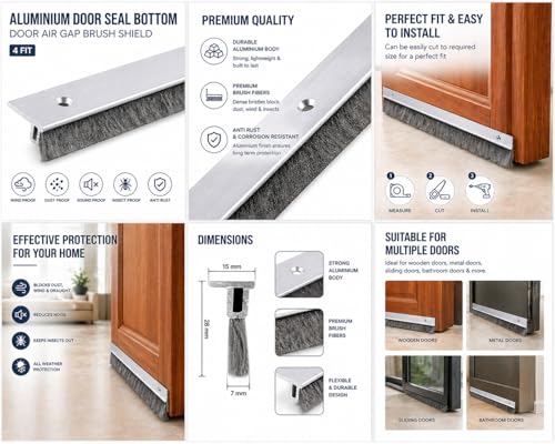 Image of Aluminium Door Seal Bottom 4 ft with Black Brush | Door Air Gap Sealer Strip | Dust, Insect & Noise Blocker | Anti Rust Heavy Duty Door Sweep | Easy Install for Home & Office