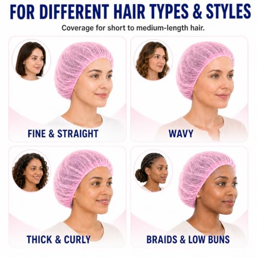 Image of Disposable Bouffant Caps, 21inches Hair Net, Elastic Dust Cap for Food Service, Kitchen Head Cover (Pink)
