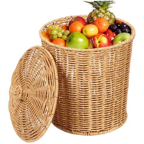 Panier en osier avec couvercle, poubelle ronde tissée, rangement du linge pour chambre à coucher et salle de bain/9x11 pouces